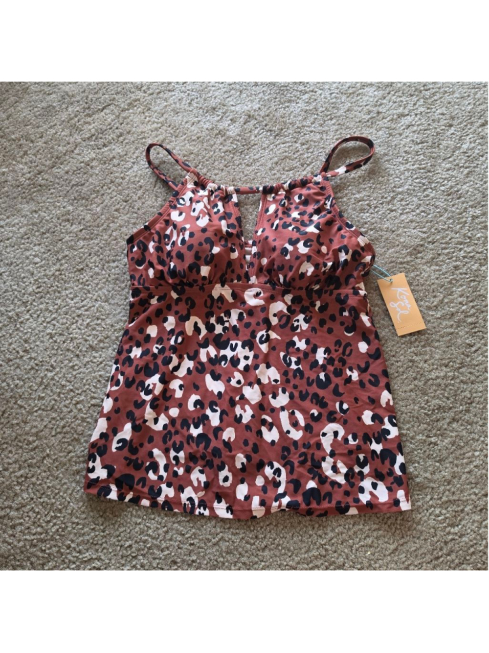 Women's Kona Sol Brown Leopard Print High Neck Keyhole Tankini Top size Medium